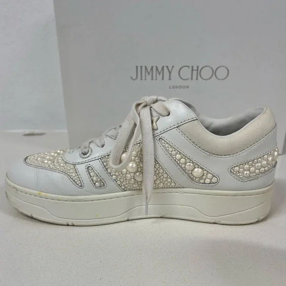 JIMMY CHOO Hawaii Calf Leather/ Canvas White Pearl Women’s Sneakers - Picture 5 of 8